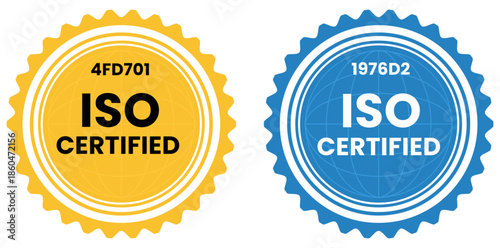 ISO Certified Seal: An eye-level shot captures two circular ISO certified seals, one gold and one blue. They represent quality assurance standards. 