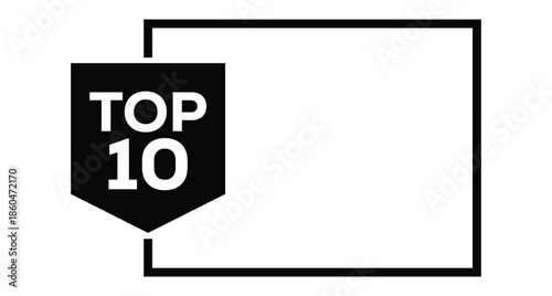 Vibrant red "TOP 10" badge featuring bold black "2025" numerals in a sleek rectangular frame. Red circle "TOP" accent above. Minimalist vector art on white background for rankings, awards, New Year.