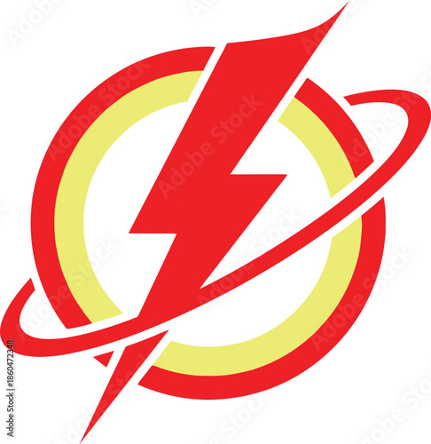 A vibrant red background showcases a dynamic yellow logo featuring a lightning bolt encircled by a swirling orbital path creating a bold design