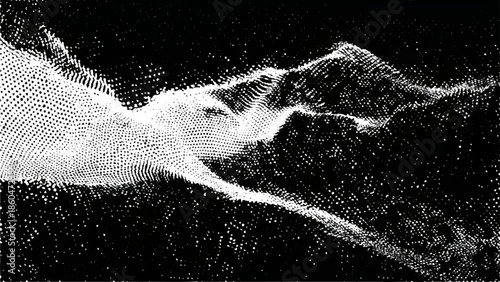 Abstract digital art depicting a dynamic flowing form constructed from countless tiny white particles against a dark background