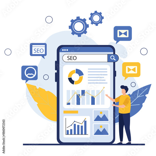 SEO Analysis and Digital Marketing Concept: A visually striking illustration showcases a person meticulously analyzing SEO data on a mobile device.