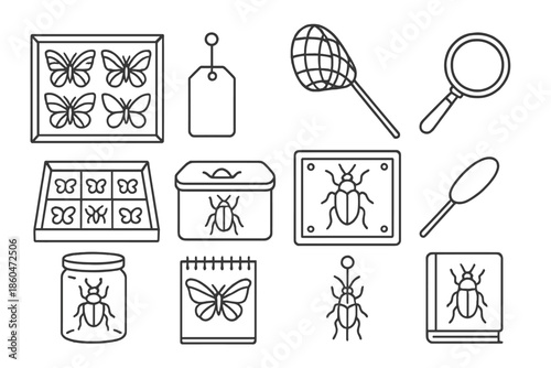 Vintage Entomology Icons. Line style icons of vintage entomology: butterfly display case, pin, label, net; magnifying glass,