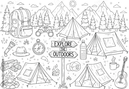 a detailed black and white illustration depicts camping gear a forest landscape and a sign reading explore the outdoors high quality