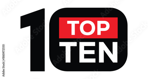 Dynamic "TOP TEN 10" badge with red banner and black numerals in bold stacked design. Minimalist high-contrast vector on white background. Perfect for rankings, top lists, awards, charts.