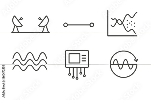 Interferometry Technique Icons. Line style icons of Interferometry Techniques: two connected antennas, baseline line, signal