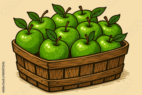 Green Apples Basket. Vibrant green apples arranged neatly in a rustic wooden vector illustration basket, sharp details and