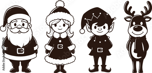 a charming black and white illustration depicts santa claus an elf girl another elf and a reindeer standing side by side