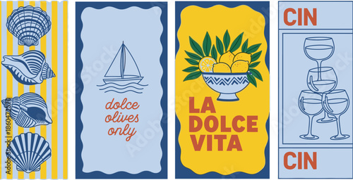 a vibrant collection of four rectangular panels showcasing italian summer themes including shells sailing citrus and celebratory toasts high quality professional