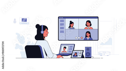 Businesswoman participating in virtual meeting with colleagues online