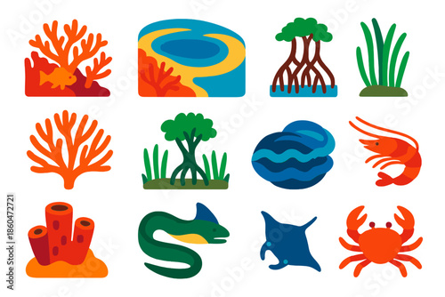 Vibrant Coral Icons. Flat vector icons of Coral Ecosystem: reef wall, lagoon, atoll, sea fan, mangrove roots, seagrass bed, sponge