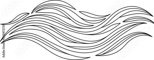 a simple black and white illustration depicts a flowing curved wave pattern composed of multiple parallel lines creating a sense of movement