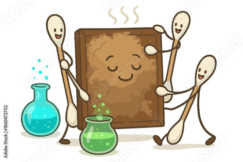 Canvas Cleaning Delight. Cleaning session with playful cotton swabs, glowing solvents, and an old canvas sighing with relief No