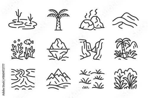 Ancient Environments Icons. Line style icons of ancient environments: swamp, fern tree, volcanic rock, desert dune; coral reef,