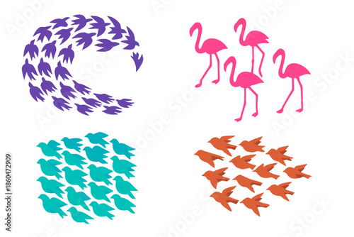 Colorful Bird Formations. Isometric vector illustration set Species-Specific Flock Forms: Starling cloud twist, flamingo line