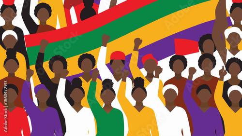 Flat illustration of a multicultural crowd celebrating with raised fists