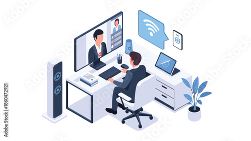 Businessman engaged in remote meeting with laptop and devices on modern office desk