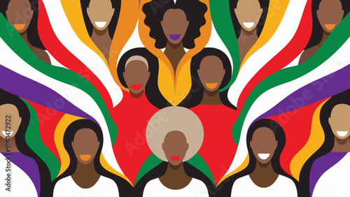 Flat illustration of diverse faces emerging from colorful abstract background