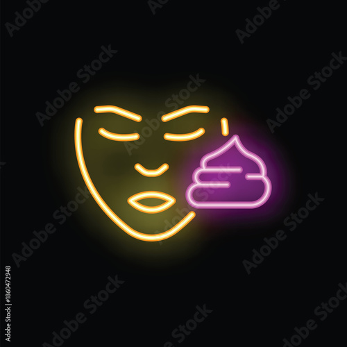 Neon glowing icon of a face and excrement illustrating the concept of acne