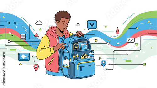 Young student preparing for school with modern backpack and gadgets