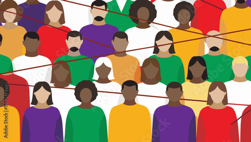 Diverse people connected by lines in a crowd, illustration of multicultural