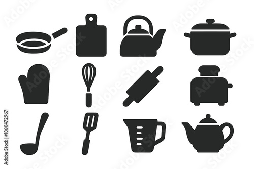 Solid Kitchen Icons. Solid style icons of Home kitchen: frying pan, cutting board, kettle, pot, oven mitt, whisk, rolling pin,