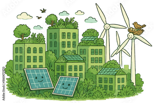 Green Urban Landscape. Eco-friendly skyline with rooftop gardens, solar panels smiling, and birds nesting on wind turbines No text