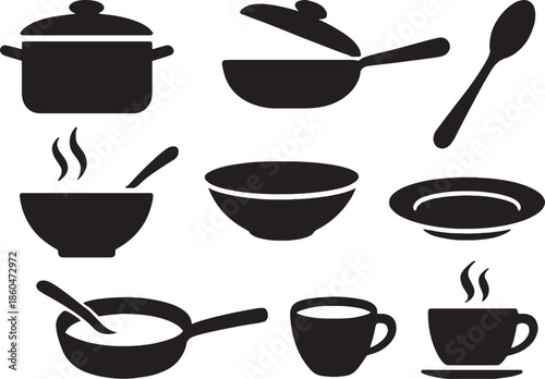 Kitchen utensils and cookware silhouettes