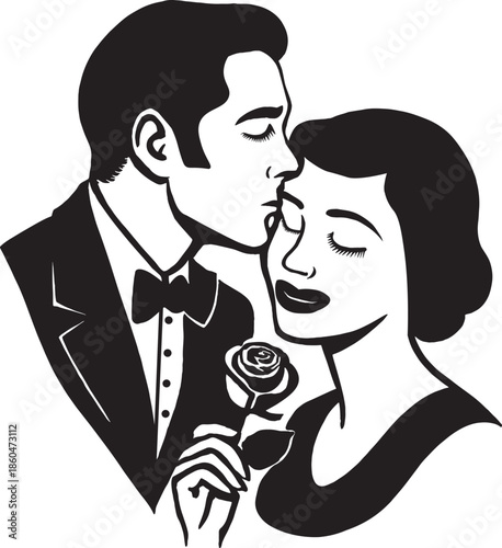 Man kissing woman on cheek with rose