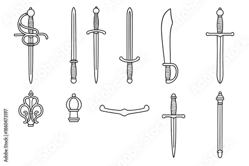 Renaissance Weapon Icons. Line style icons of renaissance weapons: rapier, main gauche, stiletto, falchion; broadsword, cutlass,