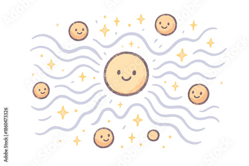 Magical Higgs Boson Dance. Magical doodle Higgs field with a smiling Higgs boson, cartoon particles gaining happy mass, sparkling