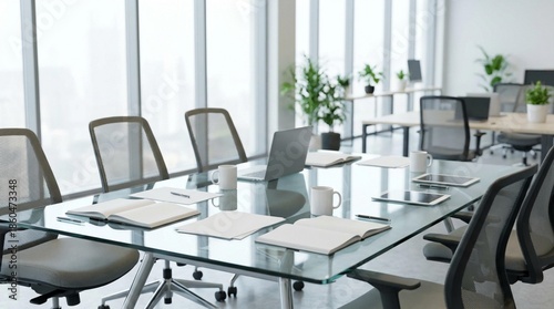 Fotografie Modern open-plan office conference table with laptops, notebooks, pens, mugs, ta