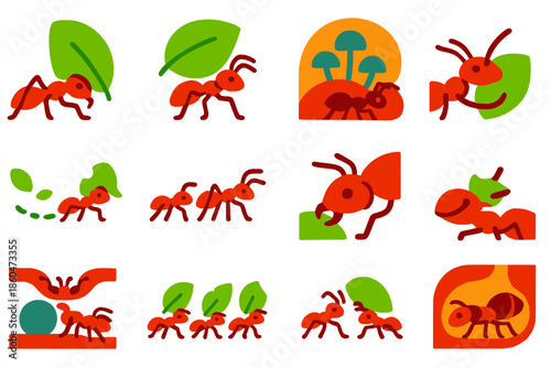 Leafcutter Ant Icons. Flat vector icons of leafcutter ants: ant cutting leaf, ant carrying leaf piece, fungus garden chamber, leaf