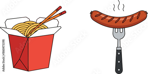 Fast food illustration with takeout noodle box and grilled sausage on fork for street food, snack, and casual dining concepts isolated