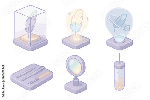 Celestial Feather Lab. Isometric vector illustration set Celestial Feather Lab: glass case display, glowing samples, holographic