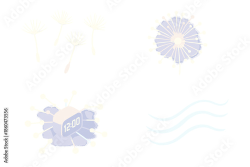 Dandelion Clock Network. Isometric vector illustration set Dandelion Clock Network: glowing dandelion seeds, floating fiber