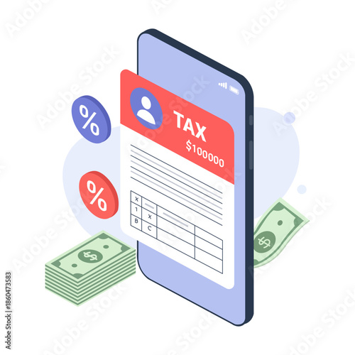 Tax App for Financial Clarity: A modern smartphone app displays tax details alongside financial elements like percentage symbols and dollar notes, ideal for illustrating taxation, accounting.