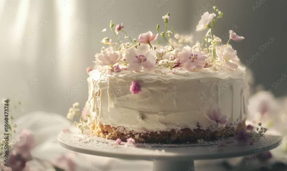 Naklejka premium Frosted white wedding cake adorned with delicate edible flowers, soft light highlighting its elegant details,