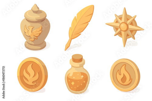 Elemental Phoenix Relics. Isometric vector illustration set of Elemental Phoenix Relics: ash urn, golden feather quill, radiant