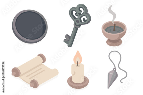 Oracle Ritual Tools. Isometric vector illustration set of Oracle Ritual Tools: black mirror disk, carved obsidian key, incense