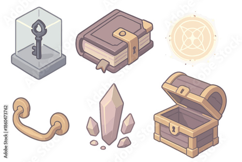 Abyssal Knowledge Vault. Isometric vector illustration set of Abyssal Knowledge Vault: obsidian key in glass case, locked tome,