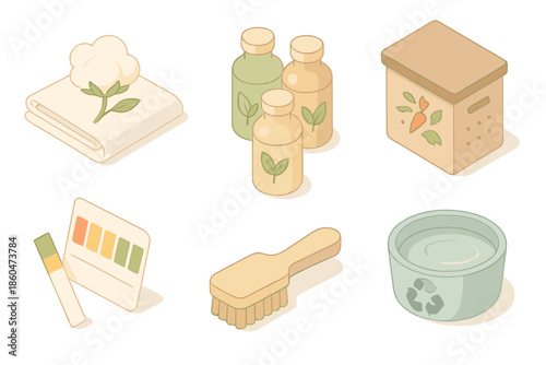 Eco Textile Lab Icons. Isometric vector illustration set of Eco Textile Lab: organic cotton cloth, plant dye bottles, compost bin,