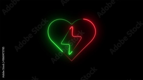 neon heart with lightning bolt energy icon on black background