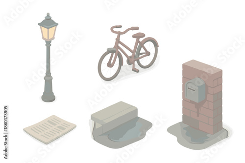 Silent City Corner. Isometric vector illustration set of Silent City Corner: fog-covered lamp glow, abandoned bicycle, littered