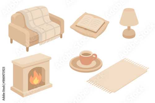 Warm Living Room Icons. Isometric vector illustration set of Warm Living Room Moment: wool blanket draped on sofa, glowing fire,