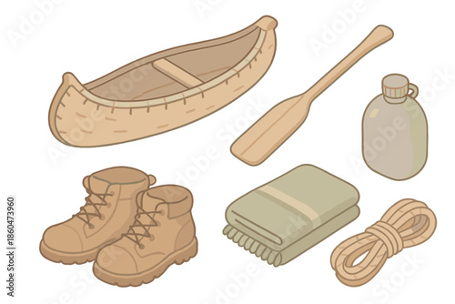 Rustic Travel Essentials. Isometric vector illustration set of Rustic Travel Essentials: birch bark canoe model, carved paddle,