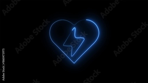 neon heart with lightning bolt energy icon on black background
