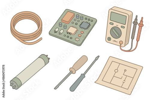 Electrical Craft Tools. Isometric vector illustration set of Electrical Craft Story: copper wire loop, open circuit board,