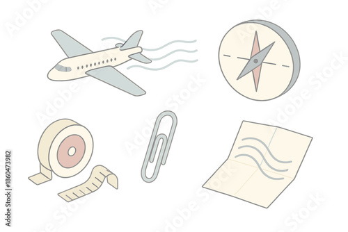 Airflow Study Icons. Isometric vector illustration set of Airflow Study Table: floating airplane, air current lines, compass chart