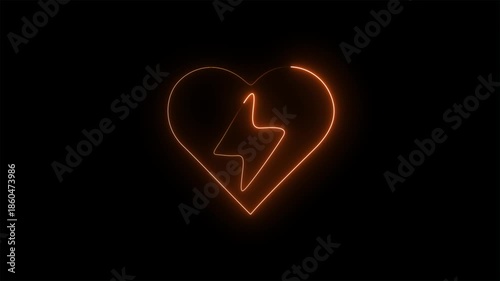 neon heart with lightning bolt energy icon on black background