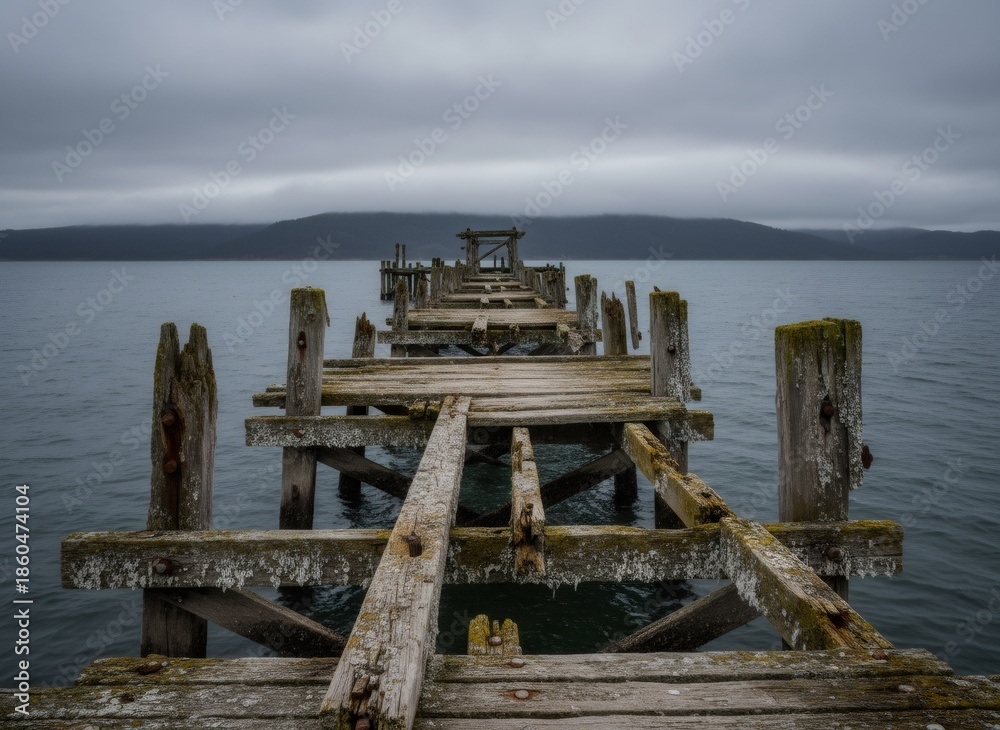 Fototapeta premium Old wooden pier extending into calm water under a cloudy sky. Dilapidated structure showing decay and neglect. Concept of abandonment and passage of time.